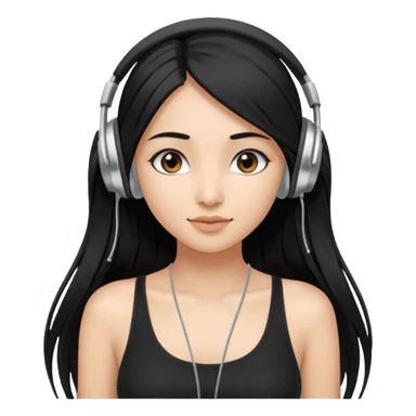 a fair indian girl with straight black long hair, wearing a black cami top. and wearing silver  headphones on sticker