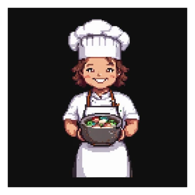 Portrait of a smiling baker wearing a chef hat and a clean apron, holding a large mixing bowl, skeuomorphism style sticker