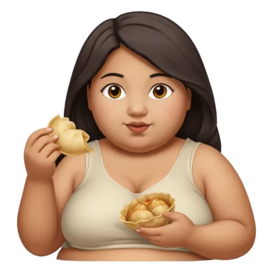 Can you create an emoji of a half Indian - half white 23 year old girl with dark brown mid length hair and brown eyes who is super obese and eating a dumpling. Full body and make her really fat sticker
