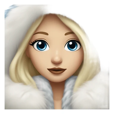 Beautiful Girl with lashes and blue eyes, blonde hair, in a extremely big fluffy oversized white fur coat with hood on. The fur is real and it’s very obvious big and fluffy  sticker