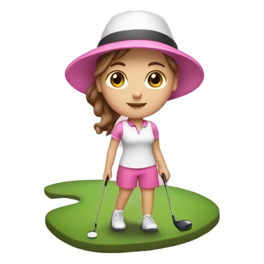 White girl with brown hair wearing a pink hat and golfing sticker