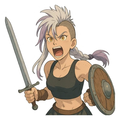 A sword maiden, mohawk, long braid white hair with lavender and tips long messy bangs one side, gold yellow eyes, black crop top, brandishing an arming sword and a shield, roaring! rah! sticker