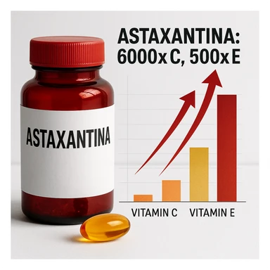 hyper realistic Astaxantina with bar chart and arrows showing superiority over vitamin C and vitamin E, red bottle, orange and golden capsule, text 'Astaxantina: 6000x C, 500x E', scientific atmosphere, white background sticker