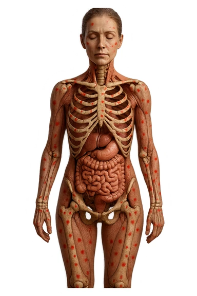 corpo umano anatomico di una donna affetta da fibromialgia, intestino anatomico realistico e red spot sparsi sulle sue ossa, iperrealistica 4k sticker