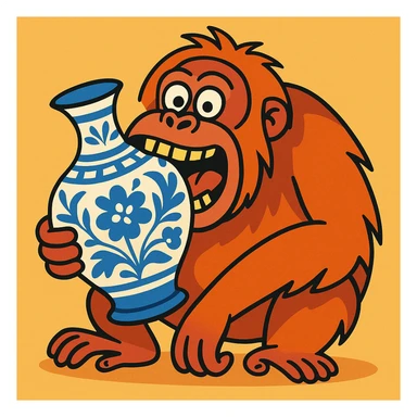 humorous style orangutan biting a blue and white china vase sticker