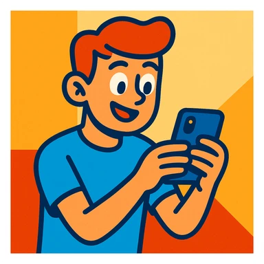 un chico con un celular en su mano, estilo cartoon colorido sticker