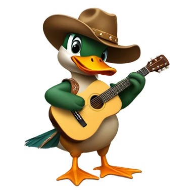 a mallard duck wearing a cowboy hat and playing an acoustic guitar  sticker