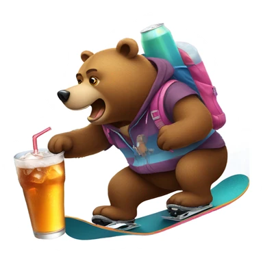 Bear riding a snowboard drinking a soda  sticker