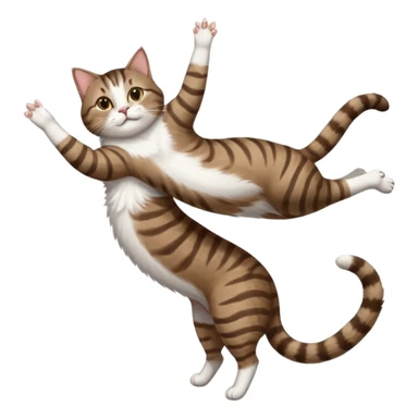 dark brown tabby and white cat with doing a big extremely long stretch reaching up into the air with arms and legs side by side together straight and overextended whilst lying on its side sticker