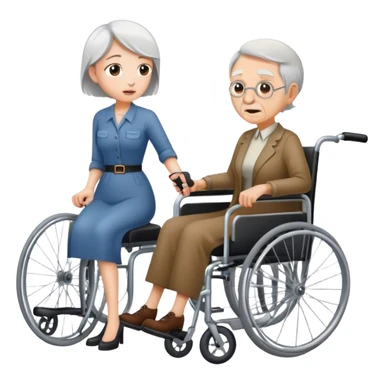 Woman with a knife in one hand, pushing with the other a wheelchair with an old man sticker