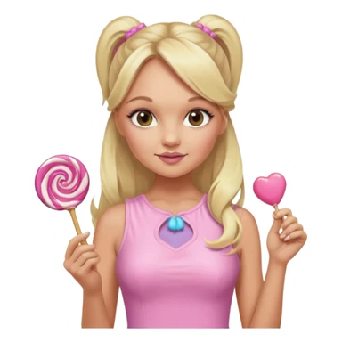 Emma Bunton with long blonde ponytails wearing light pink bodycon dress holding a lollipop sticker