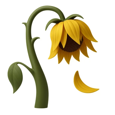 Replace the red rose with a wilted yellow sunflower, keeping the same frame, pose, and style as the original image. The stem and leaf remain unchanged. The flower head should be a sunflower with yellow petals and a brown center. The fallen petal should also be yellow, matching the sunflower. Maintain the original style and composition as closely as possible. sticker