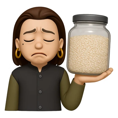 add a heavy glass jar filled with rice on her hand and change her facial expression to look tired from holding the heavy jar, keep the brown dress, golden earring rings, and no background in the same style sticker