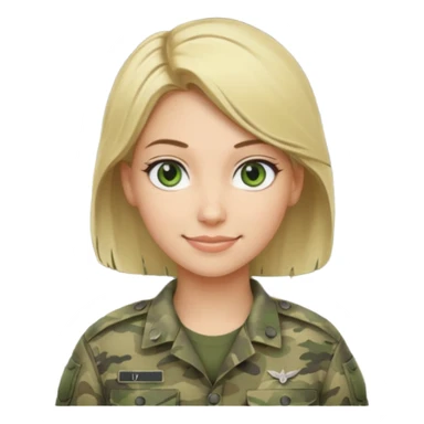Apple-style emoji: female soldier, bust, no cap/helmet, friendly smile, generic camo top, blonde hair sticker