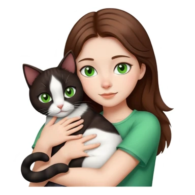 Girl with brown hair and green eyes hugging a black and white cat sticker