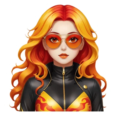 Beautiful gorgeous anime lady with beautiful fiery long warm-red-orange-yellow-gradient-wavy-special-hair, fashion aesthetic, black sunglasses, accessories, gold jewelries, red-and-yellow sunny-pattern-eyes, black latex-suit, biker-woman, cool, badass sticker