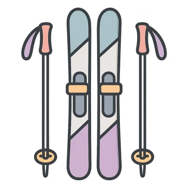 cross-country skis standing upright with poles on the sides with visible hand straps, detailed shading, thin clean outlines, soft rounded features, pastel palette #98B5BC #B5B3C1 #C9A3C9 #E4C0CA #F7DCD1 #F7C0AA, Japanese pop art, sticker look, highly detailed, vector clarity, soft lighting, subtle shadows, transparent background sticker