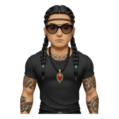 Native American/Spanish male. 
Untucked loose fitting black t-shirt. 
long black braided hair.
very muscular.
Even More tattoos. 
Tough and menacing.
Dark black square sunglasses. sticker