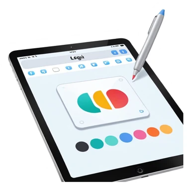 digital screen showing a basic logo being edited, with vector handles and a color palette sticker