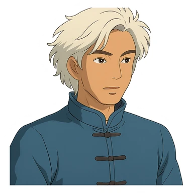 white haired handsome Chinese man in ghibli style, detailed and expressive sticker