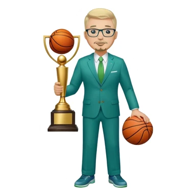 Full Body white male plus size wearing glasses with a goatee with light blonde and gray very short hair happy basketball head Coach in blue and green suit holding trophy sticker