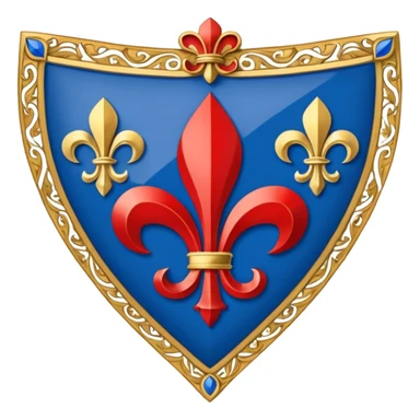 medieval heraldic blason with blue background, three golden fleurs-de-lis arranged in a triangle, blue, white, red composition, finely detailed sticker