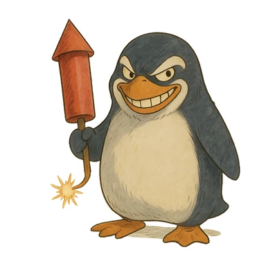 ghibli style penguin holding a firework, grinning menacingly sticker