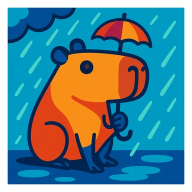 capybara holding a tiny umbrella in the rain, style 3, vibrant toon style sticker