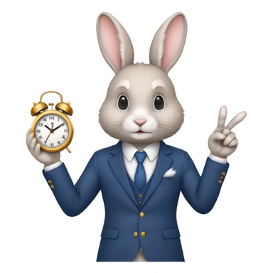 A rabbitwearing a suitand holding a clockand pointing at the clock sticker
