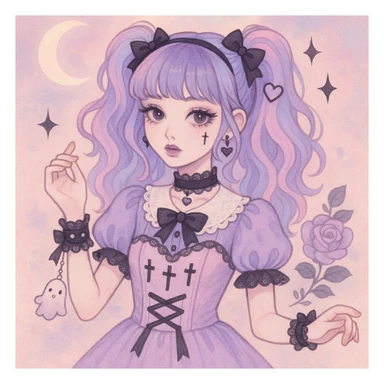 gothic K-pop girl, dreamy pastel goth style, soft colors with gothic details, whimsical pose, cute accessories sticker