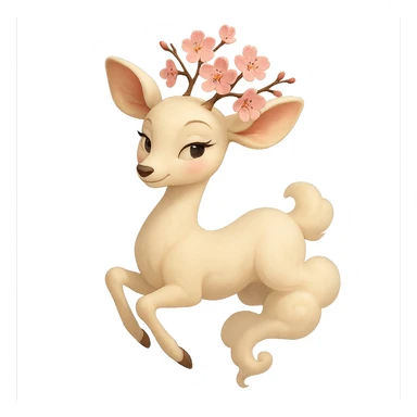 Pixar style graceful feminine vanilla cloud doe, rosy cheeks, cherry blossom head, floating elegantly, confident charming presence, subtly alluring but not explicit sticker
