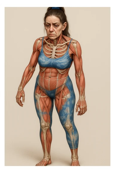 Donna in abbigliamento sportivo, postura asimmetrica, stile medico realistico, muscoli e ossa visibili, segni specifici di stress cronico: mascella serrata, spalle sollevate, rughe sulla fronte, occhiaie marcate, mani contratte, sfondo neutro, formato verticale. sticker
