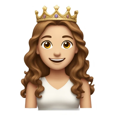 a white girl with brown wavy long hair, brown eyes and big smile wearing a crown sticker