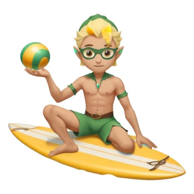 elf male legolas sitting on surfboard (ashore), hands manipulating two orbs of swirling seawater giving a "massage" to his own shoulders, wearing relaxed linen shorts over swimwear, tinted elven sunglasses, pointy ears, content expression, centered emoji sticker