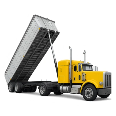 long silver end dump trailer hooked to yellow semi sleeper truck, trailer in dump position, clear and bold, no background sticker