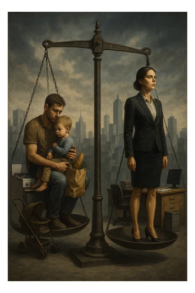 Scena metaforica: una bilancia sociale sbilanciata, con un uomo seduto da un lato con un bambino in braccio e una borsa della spesa, mentre una donna in carriera in abiti formali guarda lontano con espressione determinata. Intorno a loro, simboli confusi dei ruoli tradizionali (fornello, scrivania, passeggino, ufficio). Sullo sfondo, una città moderna e caotica. L’atmosfera è riflessiva, non giudicante. Luci contrastate, come a simboleggiare tensione culturale. in italiano sticker