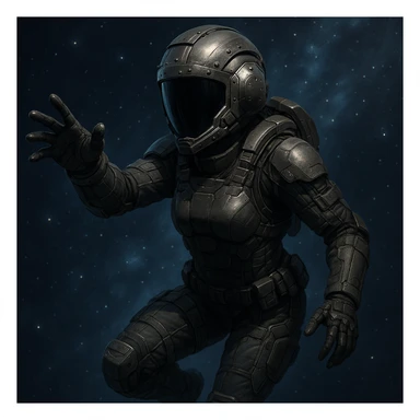 female space warrior in a strengthened helmet with a black visor, tactical armor, floating in zero gravity, reaching forward, EVA operation, sci-fi style sticker