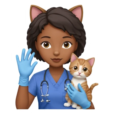 Young black female vet – scrubs, gloves, examining kitten. sticker