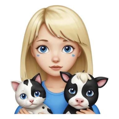 Cute cat black and white stain like a cow in the arms of a blond girl with bangs and blue eyes sticker