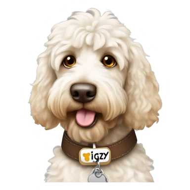 White and brown patched labradoodle dog with collar on and name tag with the name ziggy sticker
