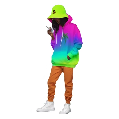 Hemp leaves Multicoloured neon person smoking wearing hoodie dancing hip hop bucket hat tropical Skater fashion aesthetic baggy clothes graphic t shirt 420 sticker
