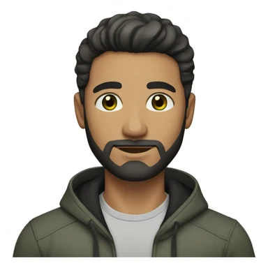 a light brown-skinned man with short, thick straight hair that is mostly black with a little gray, green eyes and a black beard sticker