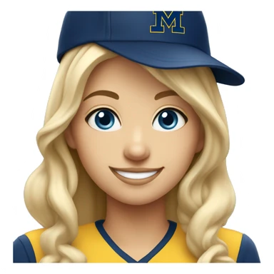 Blonde girl with blue eyes smiling wearing University of Michigan hat sticker