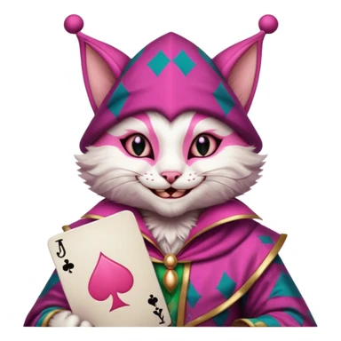 court jester cat medieval, single poker card joker clearly visible, pink, face only sticker