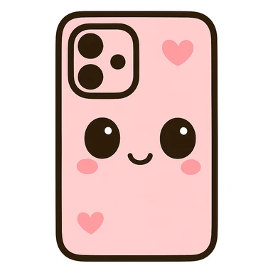 Remove any purse or purse-matching elements. Focus only on a pink and black gothic phone case in kawaii style with big eyes, heart accents, smiling, playful. No purse references. No background. sticker
