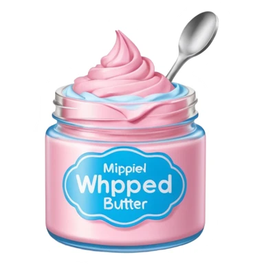 Una miniatura fotorrealista de una manteca de color rosada, azul corporal batida combinados de forma batida hasta arriba en un tarro de vidrio sin cuchara. Estilo: postre, arte, colores vibrantes. sticker