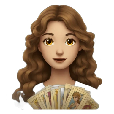 A wavy brown haired girl with a deck of tarot cards with golden star sticker