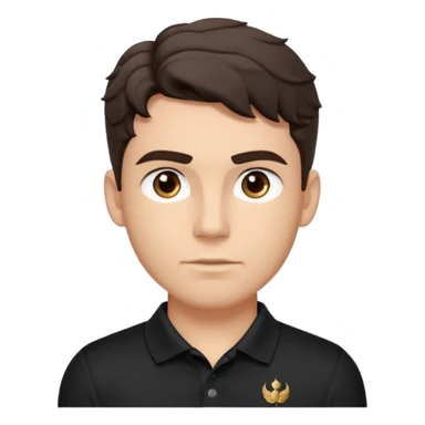 He’s a man with light to medium skin, a defined oval face, full brows, deep-set eyes, and wavy short dark brown tall hair styled with height, sides are trimmed. muscular. expression calm and focused relaxed black polo shirt. polished, articulate, and coach vibe. personal development.  sticker