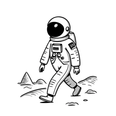 Cosmonaut walking on a planet surface, wearing a spacesuit with Russian flag, light hair and light skin visible through helmet sticker
