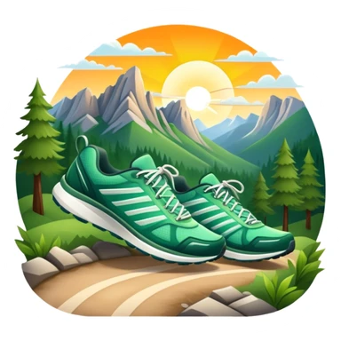 A dynamic icon featuring a pair of running shoes in motion on a scenic trail, surrounded by trees and mountains. The background shows a sunrise, symbolizing energy and passion for running. Transparent background enhances the focus on movement and the joy of outdoor jogging. sticker